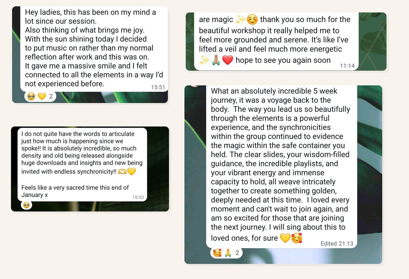 Messages from women after a workshop, describing feeling grounded, more energetic and connected