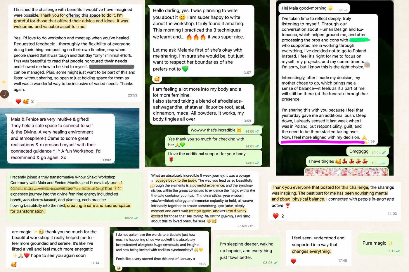 Messages from women describing what shifted for them after a Shakti workshop and Kundalini ceremony