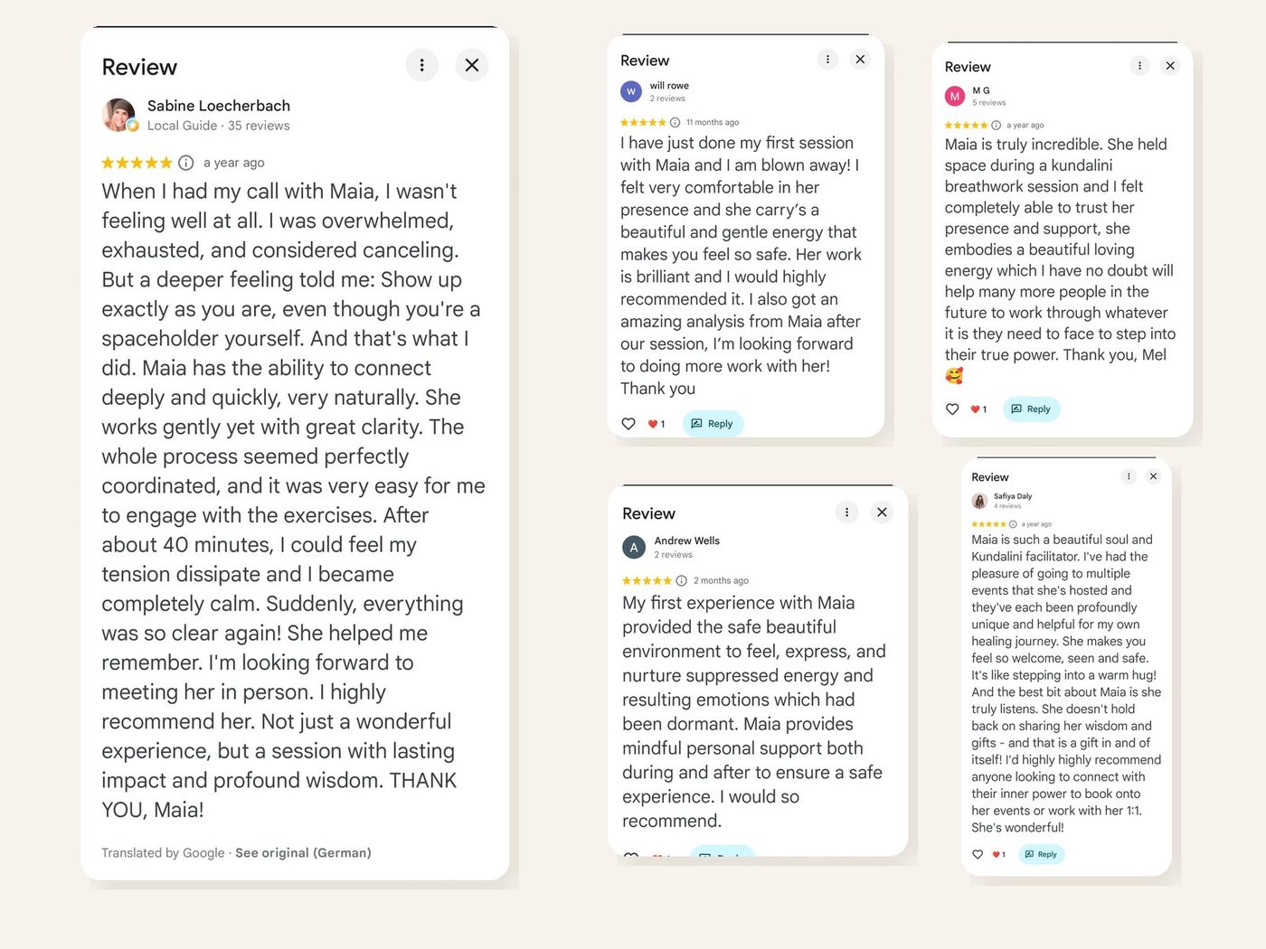 Five-star Google reviews for Maia, page one