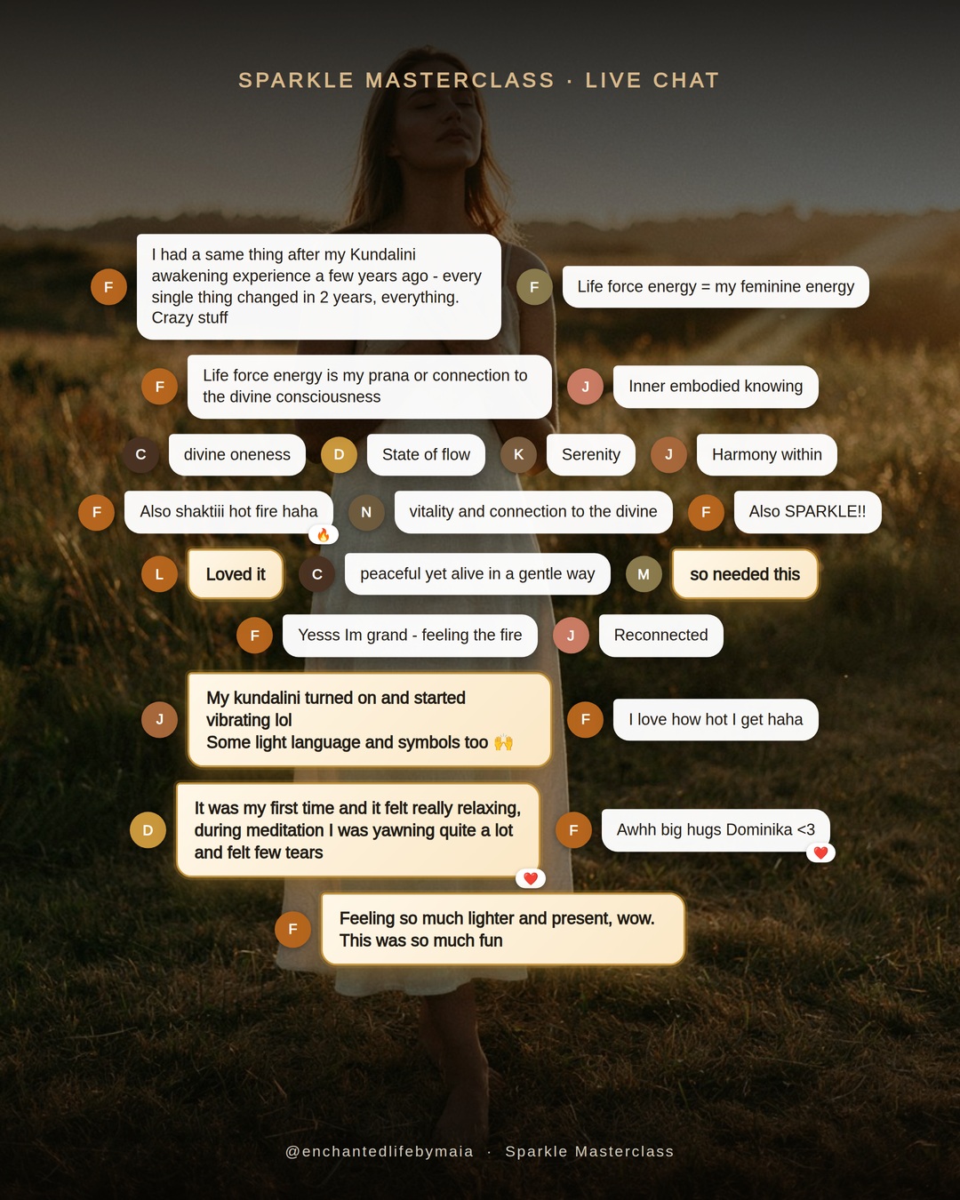 The live Zoom chat from the last Sparkle masterclass: messages including &lsquo;Loved it&rsquo;, &lsquo;peaceful yet alive in a gentle way&rsquo;, &lsquo;so needed this&rsquo;, &lsquo;Reconnected&rsquo;, &lsquo;feeling the fire&rsquo;, &lsquo;It was my first time and it felt really relaxing&rsquo; and &lsquo;Feeling so much lighter and present, wow. This was so much fun&rsquo;